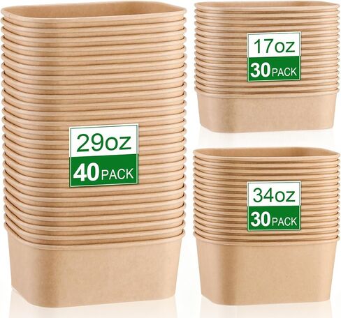 Ferrochef 100 عبوة 17oz 29oz 34oz أطباق ورقية من ورق الكرافت للاستعمال مرة واحدة، حاوية طعام ورقية مستطيلة، حاوية تحضير الوجبات، وعاء مانع للتسرب، وعاء للحساء البارد الساخن، سلطة الآيس كريم، آمن للاستخدام في الميكروويف (بدون أغطية) in Kuwait