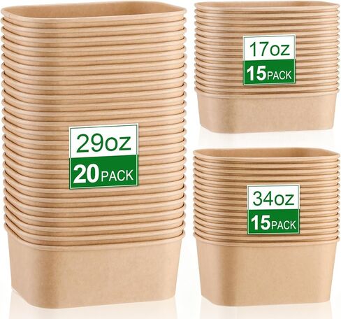 Ferrochef 100 عبوة 17oz 29oz 34oz أطباق ورقية من ورق الكرافت للاستعمال مرة واحدة، حاوية طعام ورقية مستطيلة، حاوية تحضير الوجبات، وعاء مانع للتسرب، وعاء للحساء البارد الساخن، سلطة الآيس كريم، آمن للاستخدام في الميكروويف (بدون أغطية) in Kuwait