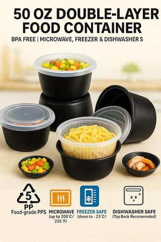 أوعية مع أغطية للاستعمال مرة واحدة سعة 50 أونصة - أوعية شوربة وطعام مزدوجة الطبقات لتناول الطعام في الخارج، والسلطة، وإعداد الوجبات الصحية، وآمنة للاستخدام في الميكروويف والفريزر (متوفرة في مجموعة 25/150) (25) in Kuwait