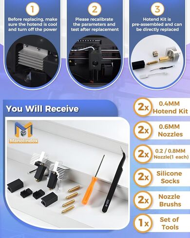 Manolindox 2Pack 0.4MM Upgrade Ceramic Hotend for Elegoo Centauri Carbon, Thermal Efficiency Increased by 15%, with 0.6/0.8/0.2MM Hardened Steel Brass Nozzle Brush Silicone Socks and Kit Tools in Saudi Arabia