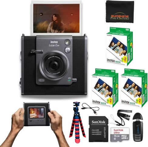 INSTAX Wide EVO Hybrid Instant Film Camera with 2 Packs Fujifilm Instax Wide Instant Film Twin Pack + 32GB Memory Card + Card Reader + Octo Tripod + Sunshine Photo Microfiber Cleaning Cloth in Kuwait