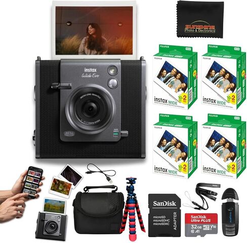 INSTAX Wide EVO Hybrid Instant Film Camera with 2 Packs Fujifilm Instax Wide Instant Film Twin Pack + 32GB Memory Card + Card Reader + Octo Tripod + Sunshine Photo Microfiber Cleaning Cloth in Kuwait