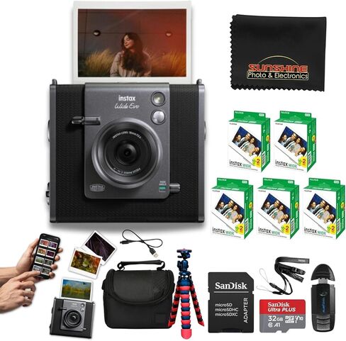 INSTAX Wide EVO Hybrid Instant Film Camera with 2 Packs Fujifilm Instax Wide Instant Film Twin Pack + 32GB Memory Card + Card Reader + Octo Tripod + Sunshine Photo Microfiber Cleaning Cloth in Kuwait