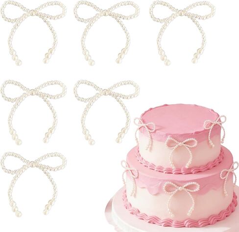 Pearl Bow Cake Topper Bowknot Ribbons Coquette Bow Cake Dessert Picks for Decorations Bridal Baby Shower Birthday Wedding in Kuwait