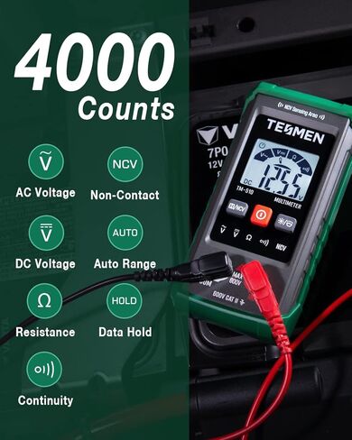 مقياس رقمي متعدد TM-510، عدد 4000، قياس ذكي، مقياس الفولتميتر ذاتي المدى؛ جهاز اختبار الجهد الكهربي مع وظيفة الجهد الكهربي غير المتصل، يقيس جهد التيار المتردد/المستمر والمقاومة والاستمرارية - أخضر in Kuwait
