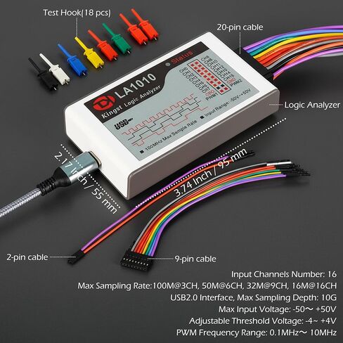 محلل منطقي USB LA1010، 16 قناة كاملة (قناتان PWM) معدل أخذ العينات 100 ميجاهرتز، محلل منطق برامج الكمبيوتر لتحليل الكمبيوتر الشخصي على Win XP/7/8/10 Mac OS Linux Vista in Kuwait