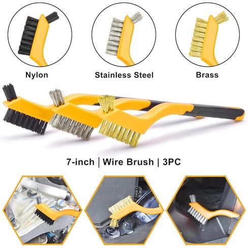 3pcs Wire Brush Set Nylon Brass and Stainless Steel Bristle Brushes with Curved Nonslip Handle for Rust Paint Dirt and Grime Removal Heavy Duty Cleaning Tool 7 Inch Yellow in Saudi Arabia