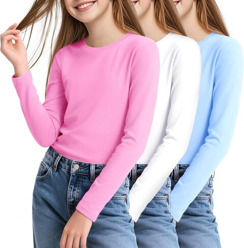 KEREDA 3 Pack Girls Long Sleeve Shirts Cotton T-Shirts Kids Crewneck Basic Plain Tees Tops for Teen Girls in Kuwait