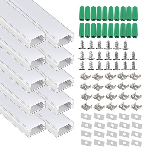YeaLunong 10-Pack 3.3ft/1M U Shape Silver Led Aluminum Channel System with Milky White Cover, End Caps and Mounting Clips, Aluminum Profile for 12.5mm LED Strip Light Installations, Easy Installation in Saudi Arabia