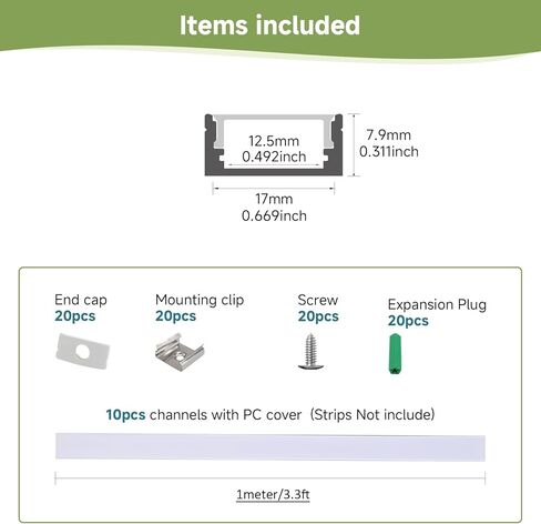 YeaLunong 10-Pack 3.3ft/1M U Shape Silver Led Aluminum Channel System with Milky White Cover, End Caps and Mounting Clips, Aluminum Profile for 12.5mm LED Strip Light Installations, Easy Installation in Saudi Arabia