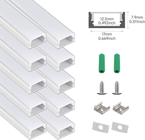YeaLunong 10-Pack 3.3ft/1M U Shape Silver Led Aluminum Channel System with Milky White Cover, End Caps and Mounting Clips, Aluminum Profile for 12.5mm LED Strip Light Installations, Easy Installation in Saudi Arabia