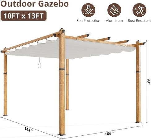 عريشة قابلة للسحب في الهواء الطلق مقاس 10 أقدام × 13 أقدام، عريشة من الألومنيوم في الفناء مع مظلة لظل الشمس، ومأوى معدني للفناء، وتعريشة عنب للحديقة الحديثة، وشرفة شواء على الشاطئ، وشرفة شواء في الفناء الخلفي in Kuwait