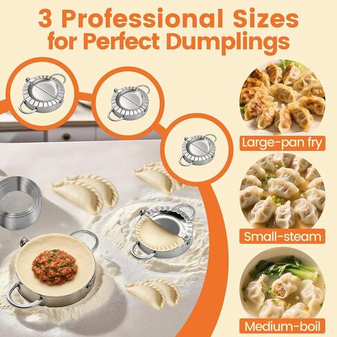 3-in-1 Stainless Steel Dumpling Maker Set - Professional Dumpling Press & Empanada Mold with Dough Cutters (3", 3.4", 3.8") | Includes Stuffing Scoop | Dishwasher Safe in Saudi Arabia
