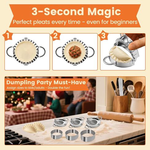 3-in-1 Stainless Steel Dumpling Maker Set - Professional Dumpling Press & Empanada Mold with Dough Cutters (3", 3.4", 3.8") | Includes Stuffing Scoop | Dishwasher Safe in Saudi Arabia