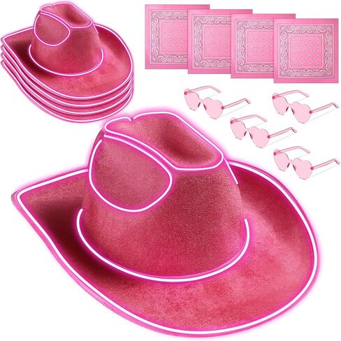 12 Pieces LED Cowgirl Hat with Light Up Hat with Heart Sunglasses and Bandanna for Women Girls Party Cowboy Hats in Saudi Arabia