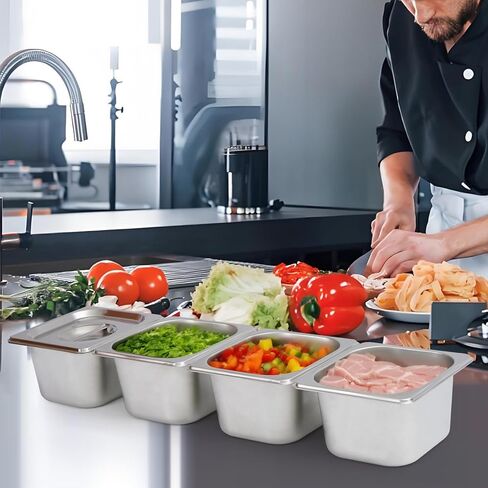 Notakia 4 عبوات من مقالي الفنادق بعمق 1/6 بوصة مع أغطية من الفولاذ المقاوم للصدأ، أواني طاولة بخار من الفولاذ المقاوم للصدأ، حاويات تخزين الطعام من الدرجة التجارية للمطعم، والبوفيه، وتقديم الطعام in Kuwait