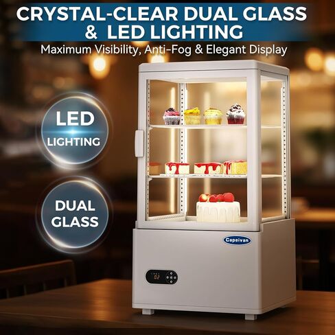 ثلاجة عرض المعجنات على سطح الطاولة باللون الأبيض، سعة 2.05 قدم مكعب / 58 لترًا، مع ضوء LED، وزجاج خالٍ من الصقيع، ومنظم حرارة رقمي، وتصميم من طبقتين لمطعم المقهى in Kuwait