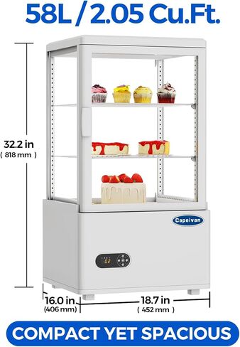 ثلاجة عرض المعجنات على سطح الطاولة باللون الأبيض، سعة 2.05 قدم مكعب / 58 لترًا، مع ضوء LED، وزجاج خالٍ من الصقيع، ومنظم حرارة رقمي، وتصميم من طبقتين لمطعم المقهى in Kuwait