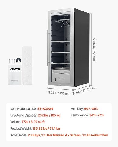 VEVOR 232 LBS Dry Aging Fridge for Steaks, Dry Ager Refrigerator for Meat with Precise Temperature & Humidity Control, Freestanding Beef Aging Machine Refrigerator, Himalayan Salt Not Included in Saudi Arabia