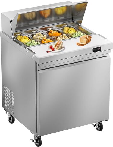 ثلاجة طاولة إعداد سلطة الساندويتش التجارية مقاس 29 بوصة من روكيتش، 7.6 قدم مكعب، باب واحد من الفولاذ المقاوم للصدأ معدات تبريد المطبخ التجاري مع 8 مقالي للمطعم، البار، المتجر، إلخ. in Kuwait