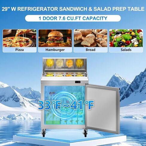 ثلاجة طاولة إعداد سلطة الساندويتش التجارية مقاس 29 بوصة من روكيتش، 7.6 قدم مكعب، باب واحد من الفولاذ المقاوم للصدأ معدات تبريد المطبخ التجاري مع 8 مقالي للمطعم، البار، المتجر، إلخ. in Kuwait