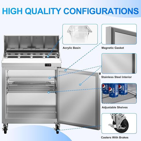 ثلاجة طاولة إعداد سلطة الساندويتش التجارية مقاس 29 بوصة من روكيتش، 7.6 قدم مكعب، باب واحد من الفولاذ المقاوم للصدأ معدات تبريد المطبخ التجاري مع 8 مقالي للمطعم، البار، المتجر، إلخ. in Kuwait