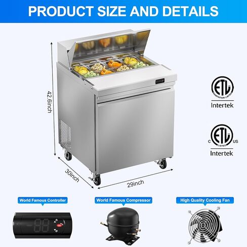 ثلاجة طاولة إعداد سلطة الساندويتش التجارية مقاس 29 بوصة من روكيتش، 7.6 قدم مكعب، باب واحد من الفولاذ المقاوم للصدأ معدات تبريد المطبخ التجاري مع 8 مقالي للمطعم، البار، المتجر، إلخ. in Kuwait