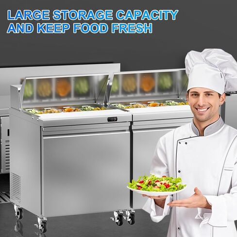 ثلاجة طاولة إعداد سلطة الساندويتش التجارية مقاس 29 بوصة من روكيتش، 7.6 قدم مكعب، باب واحد من الفولاذ المقاوم للصدأ معدات تبريد المطبخ التجاري مع 8 مقالي للمطعم، البار، المتجر، إلخ. in Kuwait