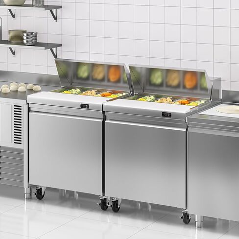 ثلاجة طاولة إعداد سلطة الساندويتش التجارية مقاس 29 بوصة من روكيتش، 7.6 قدم مكعب، باب واحد من الفولاذ المقاوم للصدأ معدات تبريد المطبخ التجاري مع 8 مقالي للمطعم، البار، المتجر، إلخ. in Kuwait