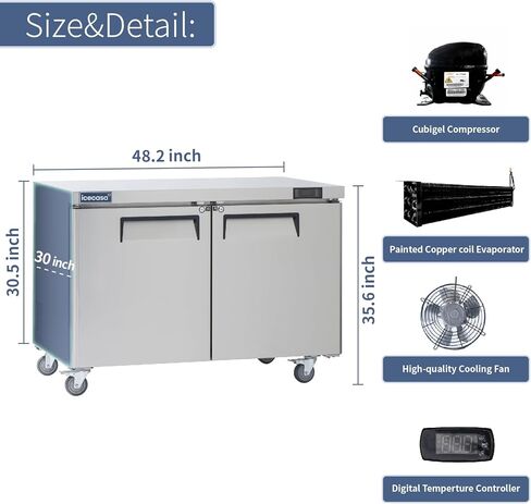 ICECASA 48" W Commercial Refrigerator Worktop Undercounter Refrigerator 2 Door Stainless Steel Counter Fan Cooling Refrigerator 13 Cu.ft for Restaurant, Bar, Shop, etc in Saudi Arabia