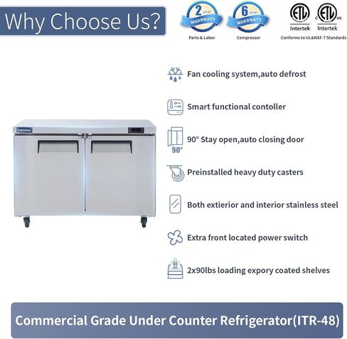 ICECASA 48" W Commercial Refrigerator Worktop Undercounter Refrigerator 2 Door Stainless Steel Counter Fan Cooling Refrigerator 13 Cu.ft for Restaurant, Bar, Shop, etc in Saudi Arabia