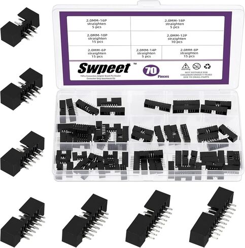 Swpeet 70Pcs 2.0 mm Pitch 6 8 10 12 14 16 18 Pin DIP IC Sockets Adaptor Assortment Kit, DIP IC Connector, Box Header Connector, Double Row Straight Pin Header for PCB Board in Saudi Arabia