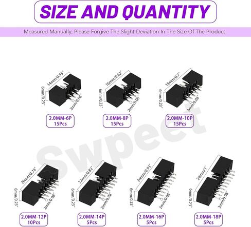 Swpeet 70Pcs 2.0 mm Pitch 6 8 10 12 14 16 18 Pin DIP IC Sockets Adaptor Assortment Kit, DIP IC Connector, Box Header Connector, Double Row Straight Pin Header for PCB Board in Saudi Arabia