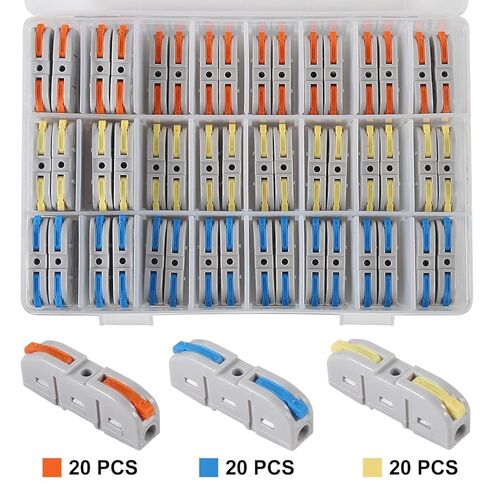 Lever Wire Connectors, 60pcs Quick Connect Electrical Splicing Kit for Compact Inline Terminals - 28-12 AWG, 1 in 1 Out SPL-1 20pcs Each in 3 Colors in Saudi Arabia