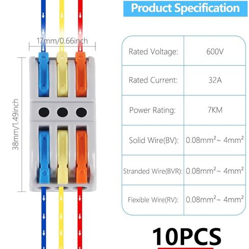 10PCS Lever Wire Connectors, 3 in 3 Out Quick Wire Connectors, Electrical Lever Nuts Wire Connectors Push-in Conductor Terminal Block AWG 28-12 in Saudi Arabia