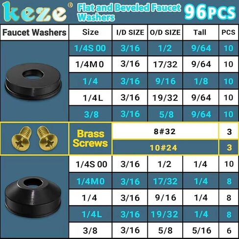 KEZE 96 PCS 10 Size Faucet Washers Assorted Kit with Brass Bibb Screws Assortment Flat and Beveled Rubber Washer for DIY Outdoor Faucets Stem Leak Worn Out Seal Repair in Saudi Arabia
