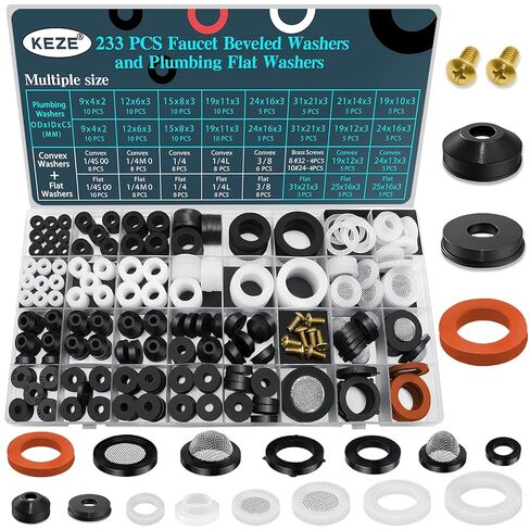 KEZE 96 PCS 10 Size Faucet Washers Assorted Kit with Brass Bibb Screws Assortment Flat and Beveled Rubber Washer for DIY Outdoor Faucets Stem Leak Worn Out Seal Repair in Saudi Arabia