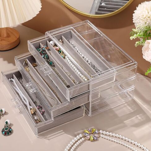 5 Drawerss Necklace Organizer Box, Tray with Clear Lid, Dustproof Velvet Necklaces Holder Storage Display Case, Gery Necklace Tray Drawer Insert for Pendant Suitable for Women and Girls (25 grids) in Kuwait