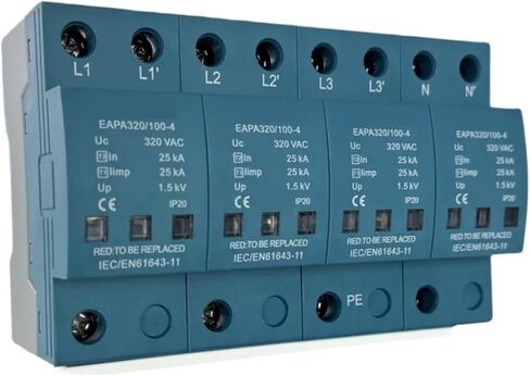 4P Surge Protector 100KA, Surge Arrester T1+T2, 220V 275V - 440V,Distribution cabine,Din Rail Installation(4P 385V) in Saudi Arabia