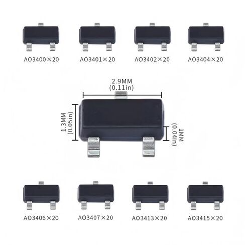 8Values 160Pcs AO3400 AO3401 AO3402 AO3404 AO3406 AO3407 AO3413 AO3415 Field Effect Transistor MOS Power MOSFET Transistor Surface-Mount Device in Kuwait