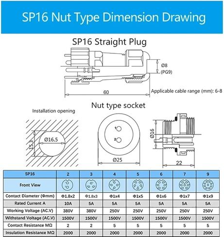 1Set SP16 IP68 موصل مقاوم للمياه 2/3/4/5/6/7/8/9 دبوس PlugMale والإناث لوحة مقابس جبل سلك كابل (SP16-5L) in Kuwait