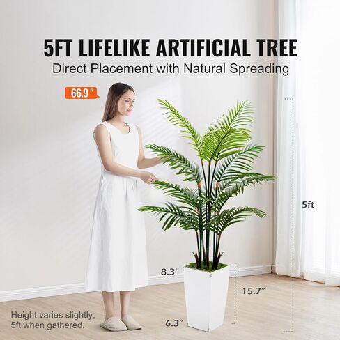 Artificial Palm Tree 5FT - Real Touch Artificial Trees with White Tall Planter - Faux Tropical Areca Floor Large Plants in Pot - Evergreen Fake Silk Tree for Home Office Living Room Décor Indoor in Saudi Arabia