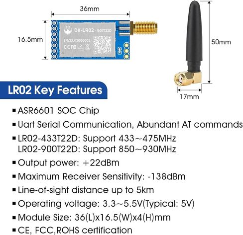 مجموعة تطوير DX-LR02 سهلة الاستخدام 868/915 ميجاهرتز LoRa ASR6601 مع هوائي في واجهة الأوامر Uart طويلة المدى 5KM 22dBm وحدة إرسال واستقبال لاسلكية لـ Arduino in Kuwait