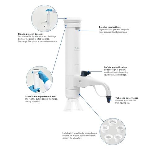 ONiLAB Bottle Top Dispenser, 10–60 mL, Safely & Precisely Dispenses Chemicals and Reagents from Lab Bottles, Includes 5-Size Adapters: S40, GL32, GL38, GL25, GL28 (Dispenser Only) in Saudi Arabia