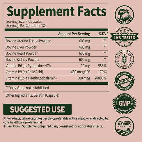 مكملات لحوم البقر للنساء المصابات بالكبد والقلب والكلى وأنسجة الرحم ومجمع فيتامين ب مصنوع في الولايات المتحدة الأمريكية ، خالية من الغلوتين ، غير المعدلة وراثيا ، 120 كبسولة in Kuwait