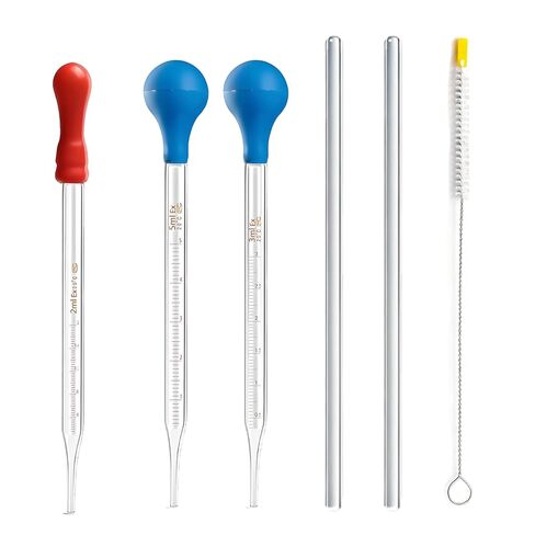 TISMART Glass Graduated Dropper Pipettes Total 6PCS -3PCS -Red-Tipped 2ml*1 Blue 5ml*1 3ml*1 2PCS 20CM Glass Stir Rod and Droppers Brush*1PCS in Saudi Arabia