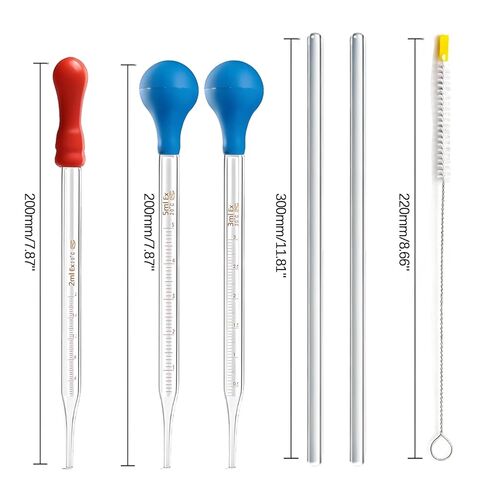 TISMART Glass Graduated Dropper Pipettes Total 6PCS -3PCS -Red-Tipped 2ml*1 Blue 5ml*1 3ml*1 2PCS 20CM Glass Stir Rod and Droppers Brush*1PCS in Saudi Arabia