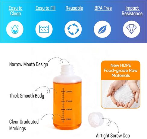 DEMORA 8oz Plastic Bottles with Airtight Caps for Liquids, Graduated Food Grade Plastic Containers, HDPE Thick Liquid Containers for Water Sample Medicine Laboratory Reagent (Translucent, 2 Pcs) in Saudi Arabia