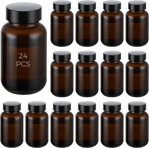 Anjetan 24 Pack Amber Glass Packer Bottles, Height 3.9 in, 120 ml / 4 fl oz Wide Mouth Glass Bottle with Screw Cap, Small Round Refillable Bottles for Liquids, Reagents, Travel in Saudi Arabia
