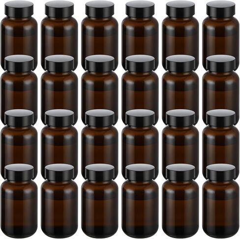 Anjetan 24 Pack Amber Glass Packer Bottles, Height 3.9 in, 120 ml / 4 fl oz Wide Mouth Glass Bottle with Screw Cap, Small Round Refillable Bottles for Liquids, Reagents, Travel in Saudi Arabia